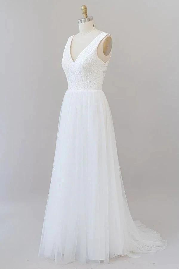Long A-line Open Back V-neck Lace Tulle Wedding Dress by BIZTUNNEL