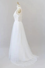 Long A-line Open Back V-neck Lace Tulle Wedding Dress by BIZTUNNEL