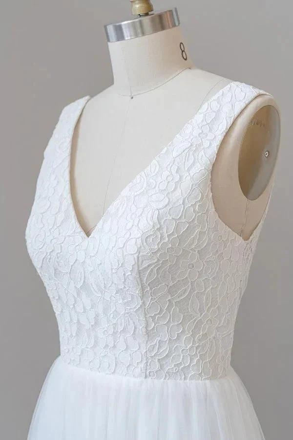 Long A-line Open Back V-neck Lace Tulle Wedding Dress by BIZTUNNEL