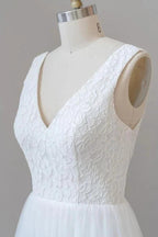 Long A-line Open Back V-neck Lace Tulle Wedding Dress by BIZTUNNEL
