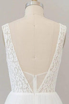 Long A-line Open Back V-neck Lace Tulle Wedding Dress by BIZTUNNEL
