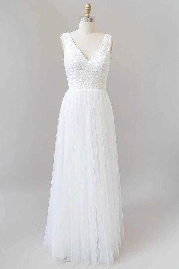 Long A-line Open Back V-neck Lace Tulle Wedding Dress by BIZTUNNEL