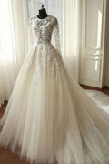 Long A-line Organza Lace Wedding Dresses with Sleeves by BIZTUNNEL