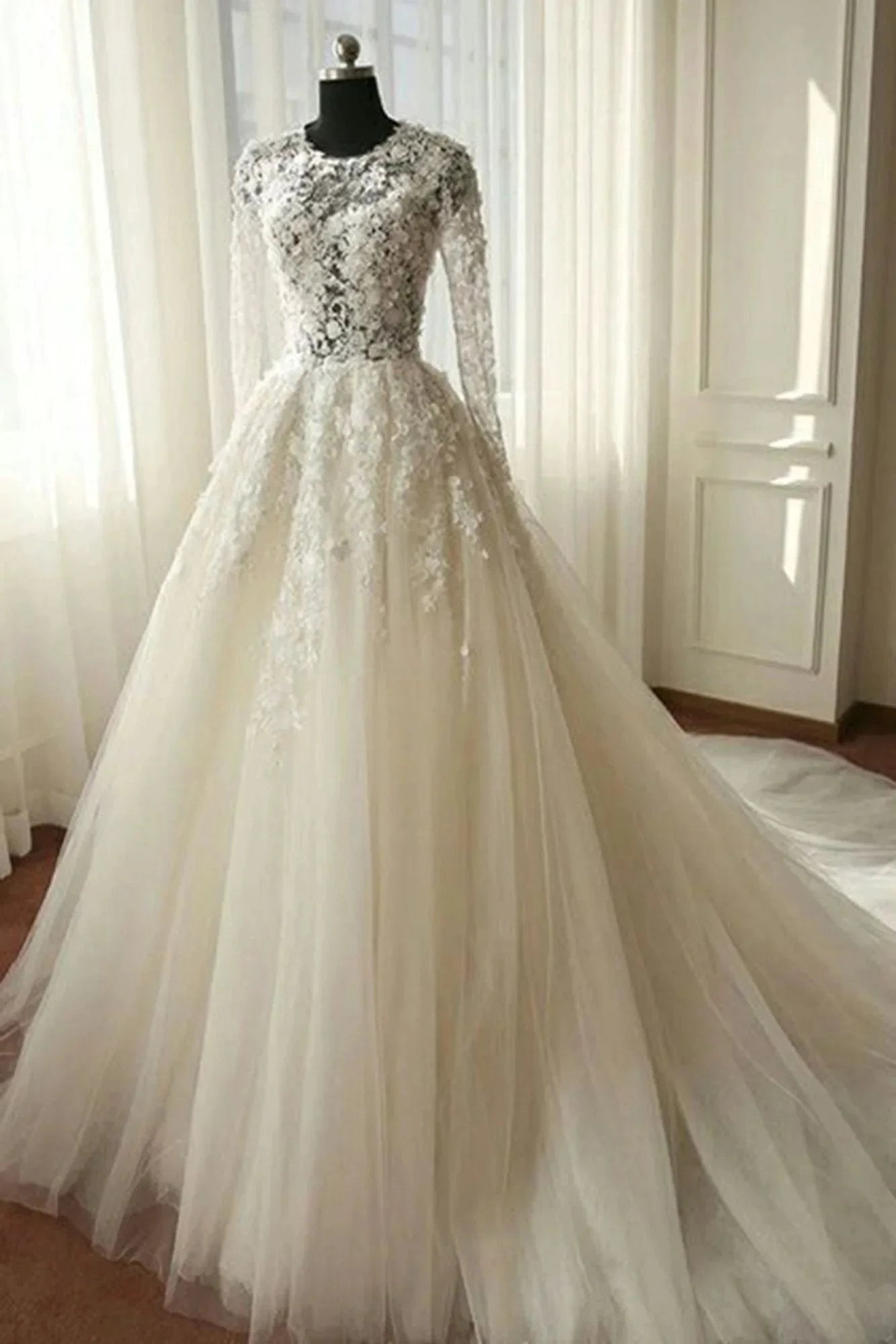 Long A-line Organza Lace Wedding Dresses with Sleeves by BIZTUNNEL