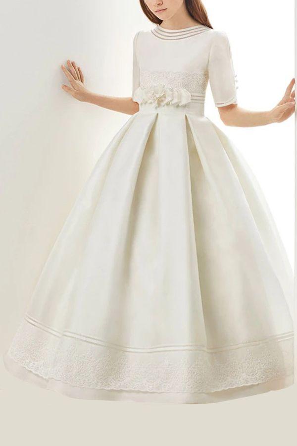 Long A-line Ruffle Jewel Neck Half Sleeves Flower Girl Dresses For Pageant - photo 1