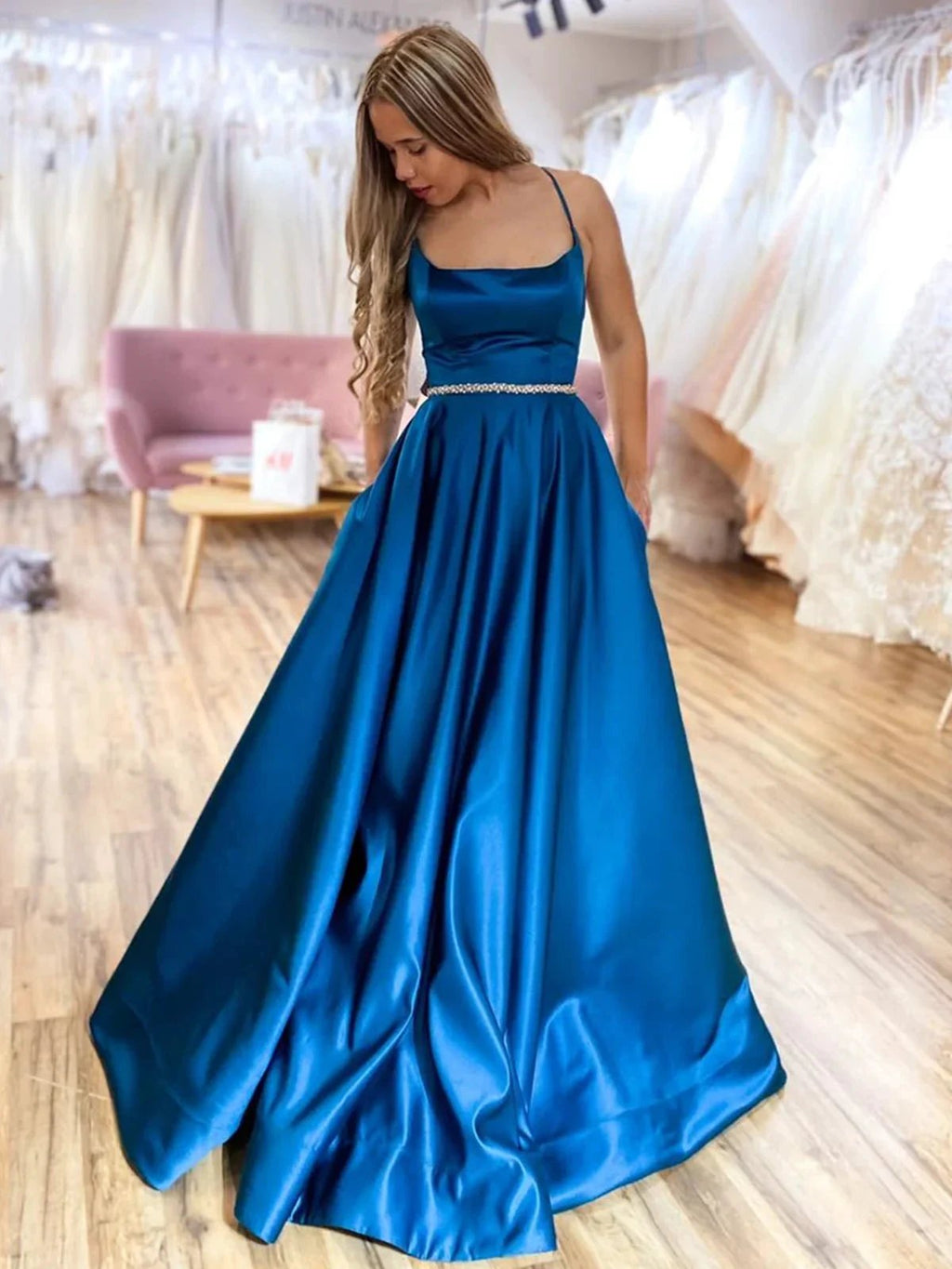 Long A-line Satin Backless Formal Prom Dresses with Belt by BIZTUNNEL