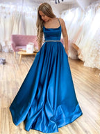 Long A-line Satin Backless Formal Prom Dresses with Belt by BIZTUNNEL