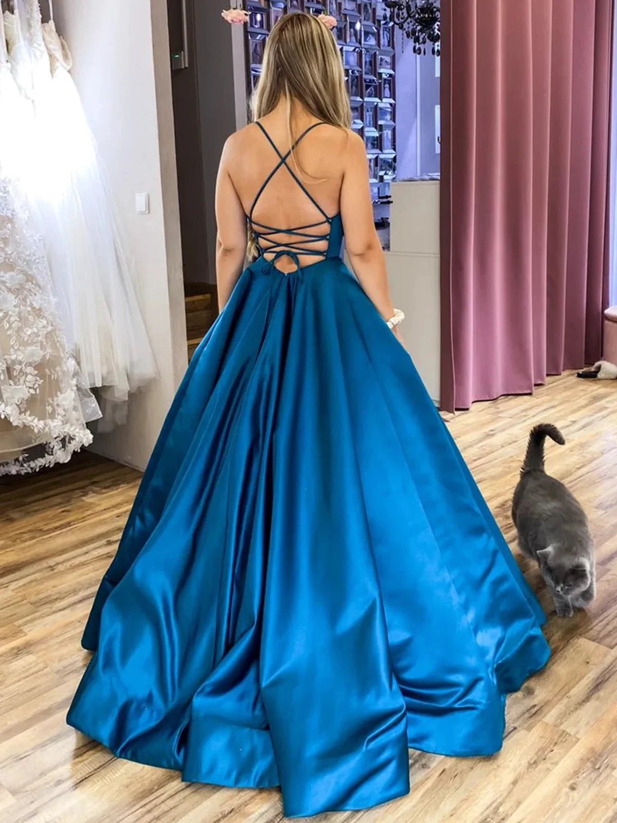 Long A-line Satin Backless Formal Prom Dresses with Belt by BIZTUNNEL
