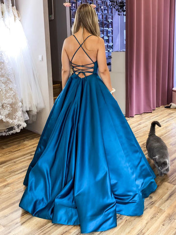 Vestidos de fiesta formales largos de satén con corte A, sin espalda y cinturón