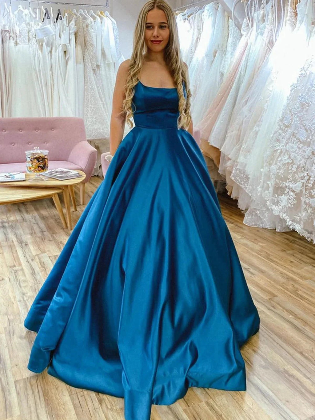 Long A-line Satin Backless Formal Prom Dresses with Belt by BIZTUNNEL