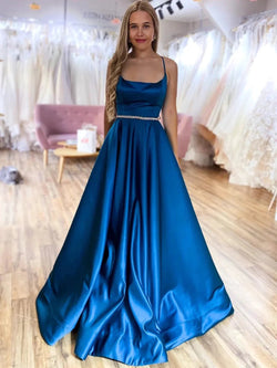 Long A-line Satin Backless Formal Prom Dresses with Belt by BIZTUNNEL