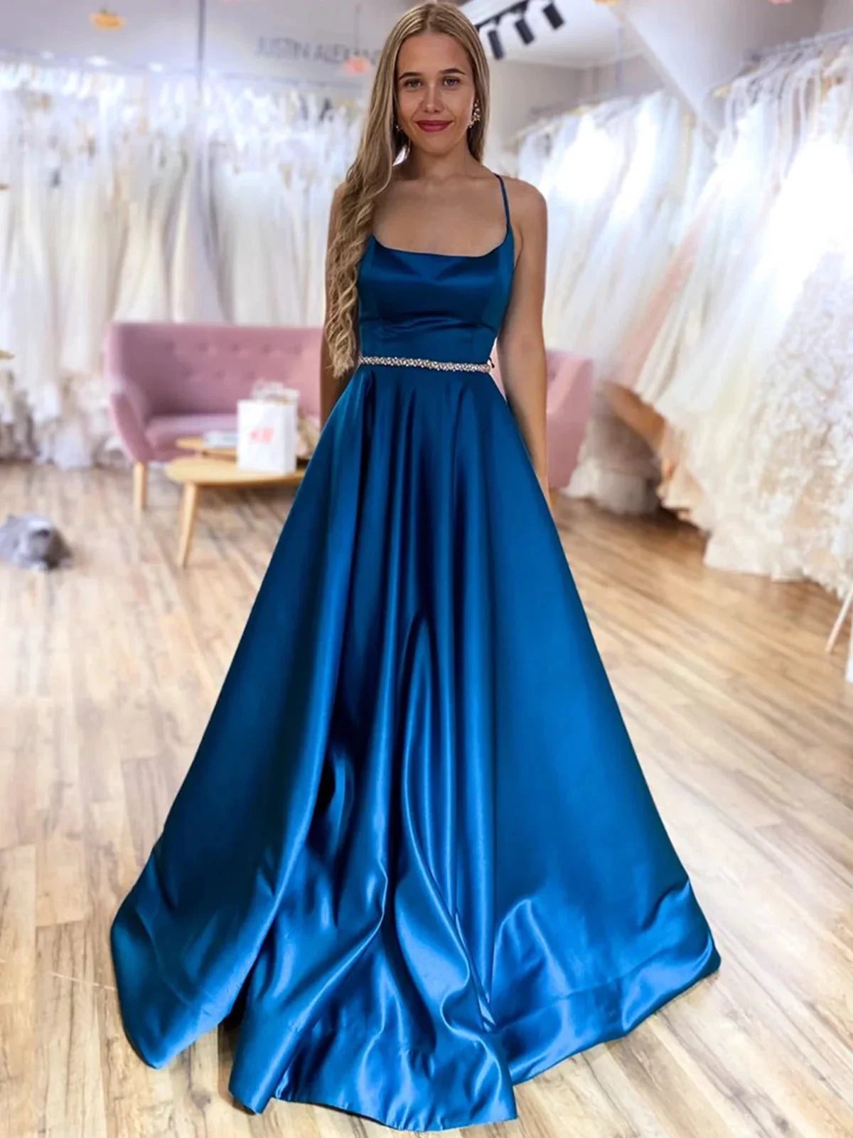 Long A-line Satin Backless Formal Prom Dresses with Belt by BIZTUNNEL