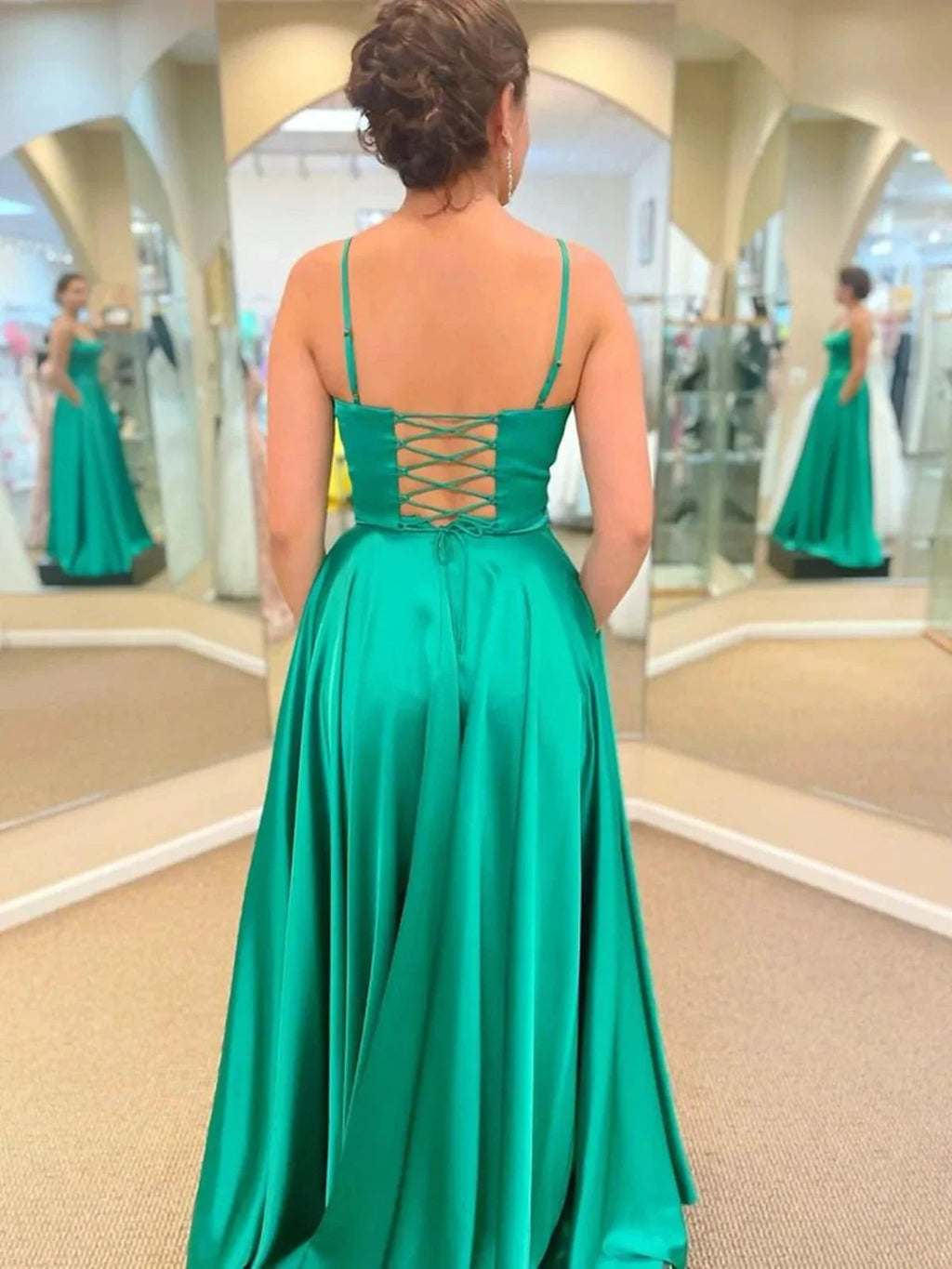 Long A-line Satin Prom Dress with Pockets Green Formal Graduation Evening Dresses with Slit by BIZTUNNEL