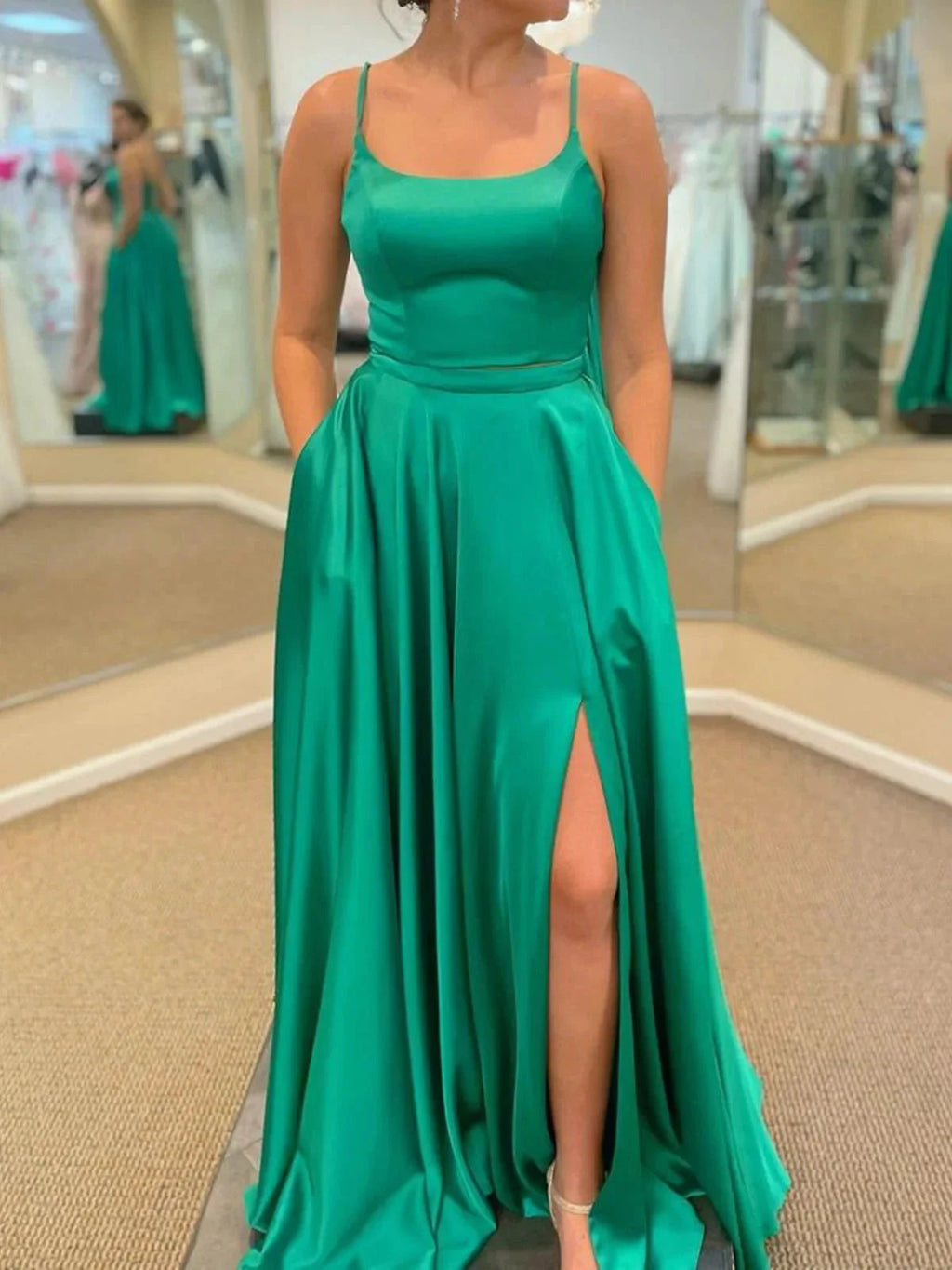 Long A-line Satin Prom Dress with Pockets Green Formal Graduation Evening Dresses with Slit by BIZTUNNEL