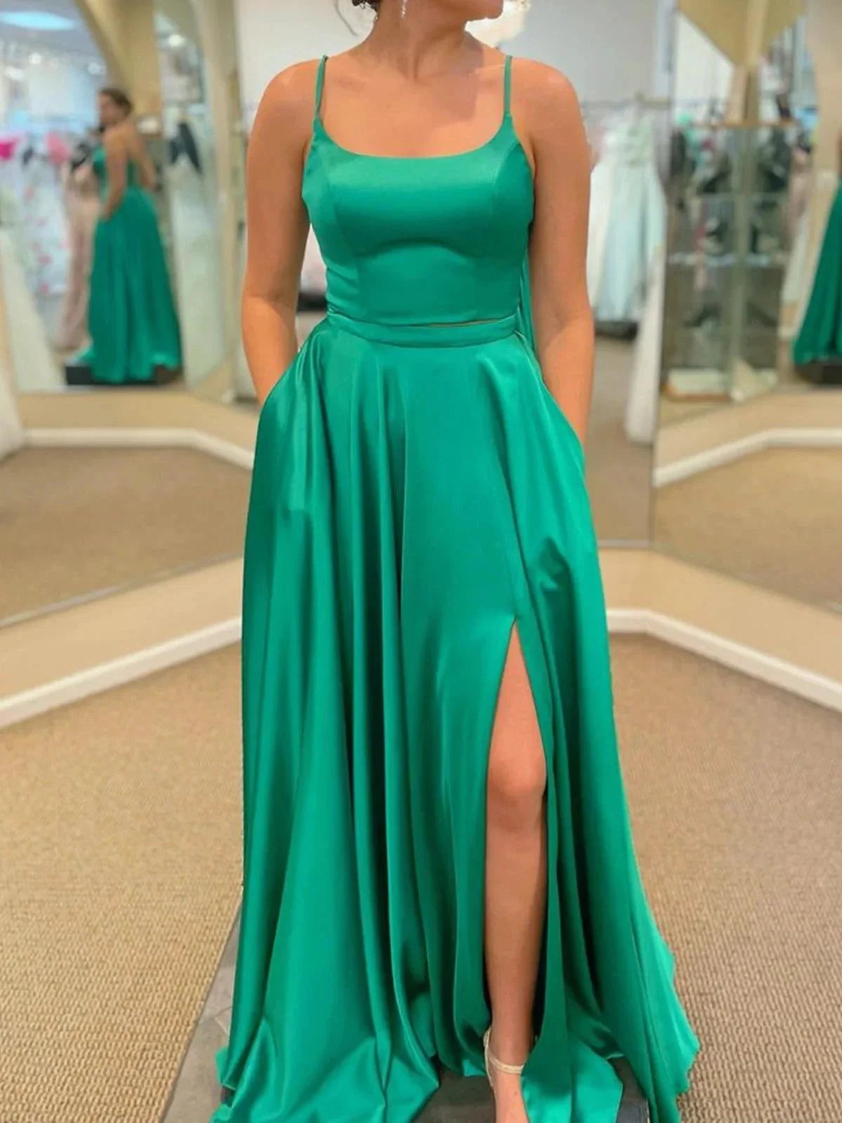 Long A-line Satin Prom Dress with Pockets Green Formal Graduation Evening Dresses with Slit by BIZTUNNEL
