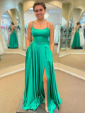 Long A-line Satin Prom Dress with Pockets Green Formal Graduation Evening Dresses with Slit by BIZTUNNEL