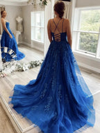 Long A-line Scoop Neck Tulle Lace Backless Formal Prom Dresses by BIZTUNNEL