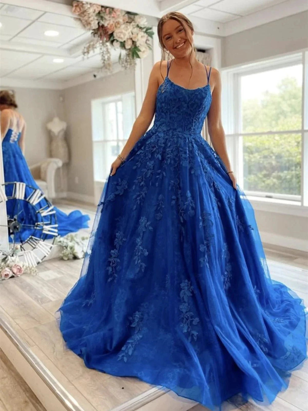 Long A-line Scoop Neck Tulle Lace Backless Formal Prom Dresses by BIZTUNNEL