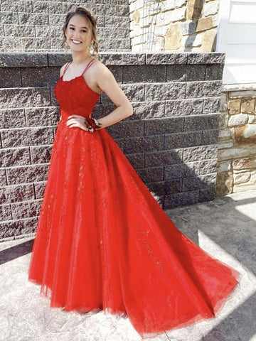 Vestidos de fiesta formales largos de corte A con escote redondo, tul, encaje y espalda descubierta