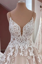 Long A-Line Sequin Tulle Spaghetti Straps Appliques Lace Wedding Dress by BIZTUNNEL