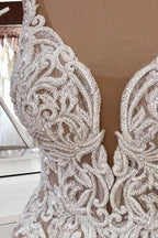 Long A-Line Sequin Tulle Spaghetti Straps Appliques Lace Wedding Dress by BIZTUNNEL