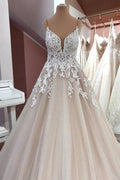 Long A-Line Sequin Tulle Spaghetti Straps Appliques Lace Wedding Dress by BIZTUNNEL