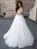 Long A-Line Sleeve Lace Tulle Backless Wedding Dresses with Sleeves by BIZTUNNEL