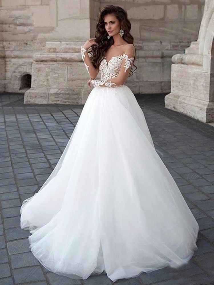 Long A-Line Sleeve Lace Tulle Backless Wedding Dresses with Sleeves by BIZTUNNEL