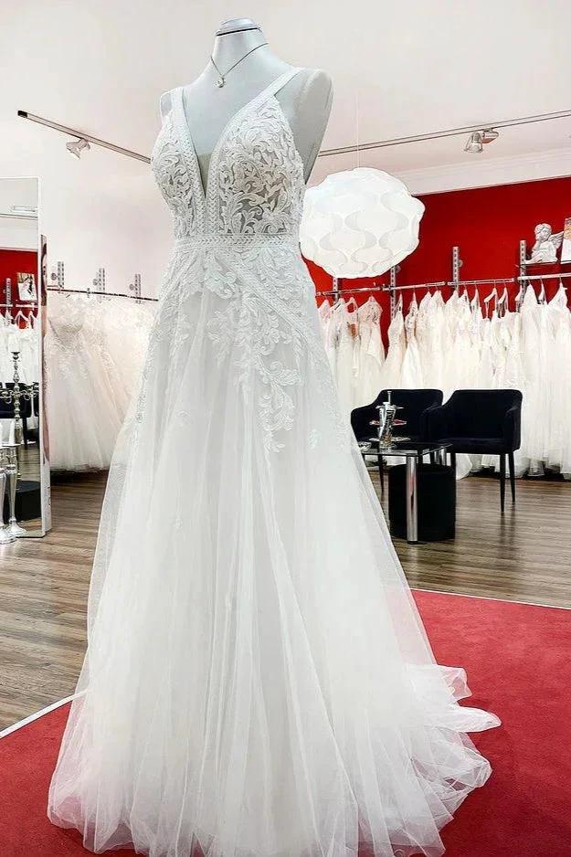 Long A-line Sleeveless Tulle Lace Appliques Open Back Wedding Dresses by BIZTUNNEL