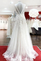 Long A-line Sleeveless Tulle Lace Appliques Open Back Wedding Dresses by BIZTUNNEL