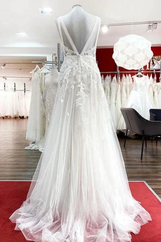Long A-line Sleeveless Tulle Lace Appliques Open Back Wedding Dresses by BIZTUNNEL