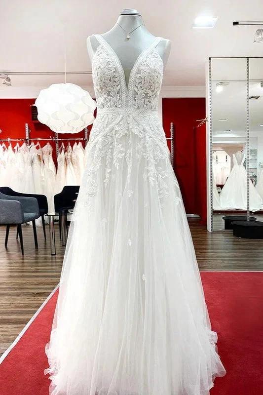 Long A-line Sleeveless Tulle Lace Appliques Open Back Wedding Dresses by BIZTUNNEL