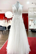 Long A-line Sleeveless Tulle Lace Appliques Open Back Wedding Dresses by BIZTUNNEL