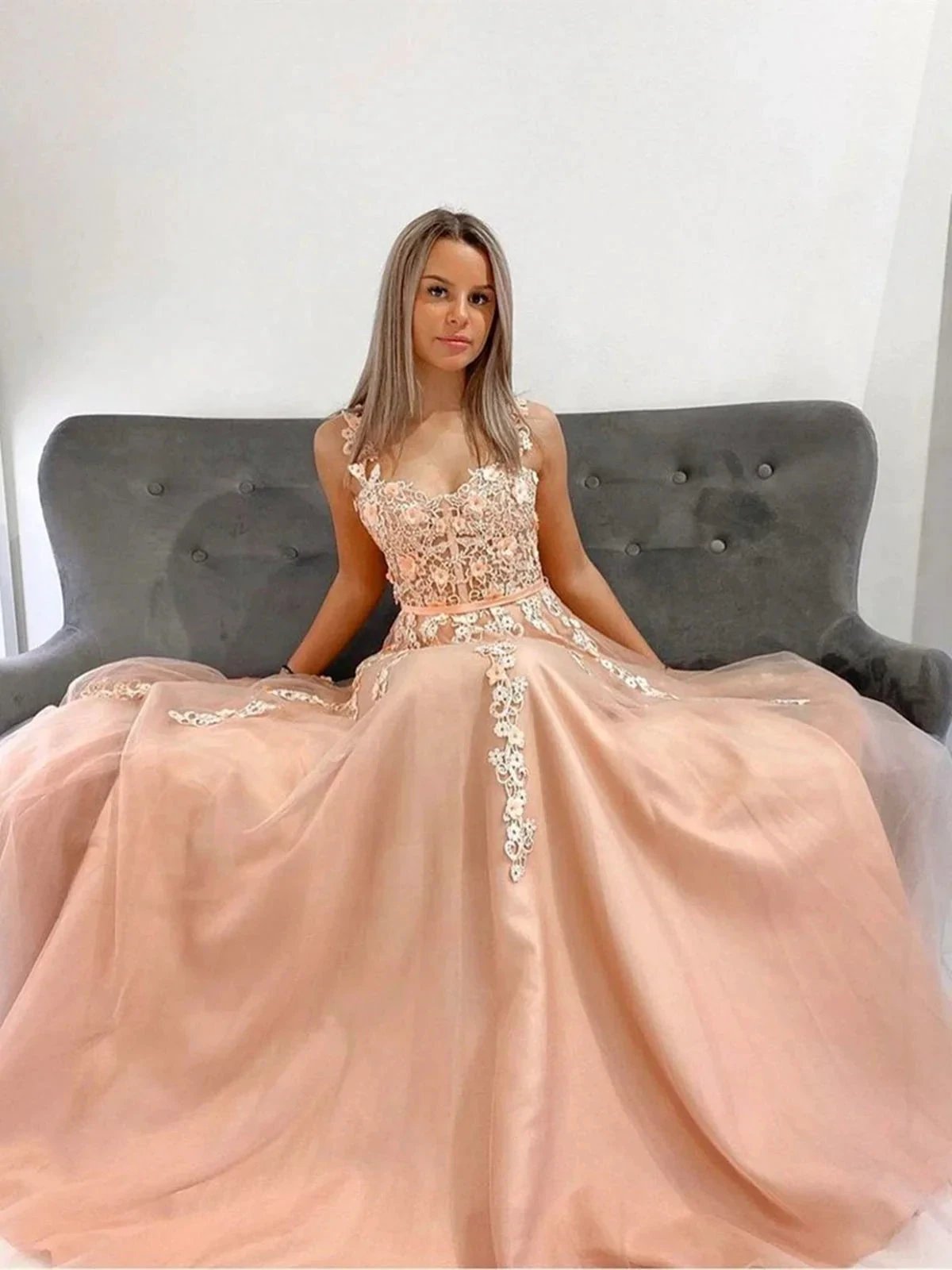Long A-line Sleeveless Tulle Lace Formal Graduation Prom Dresses by BIZTUNNEL