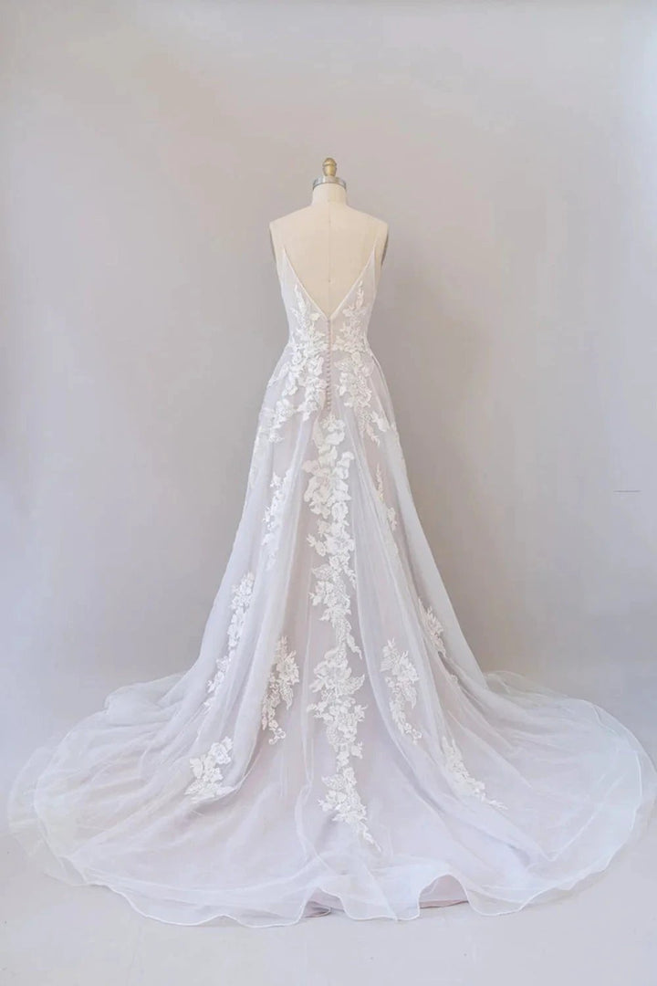 Long A-line Spaghetti Strap Lace Appliques Tulle Backless Wedding Dress by BIZTUNNEL