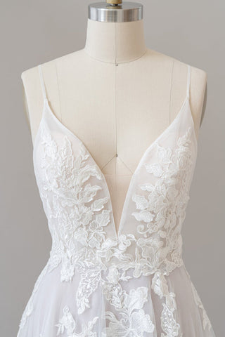 Long A-line Spaghetti Strap Lace Appliques Tulle Backless Wedding Dress