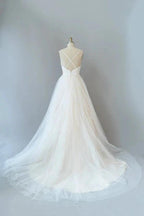 Long A-line Spaghetti Strap Lace Tulle Backless Wedding Dress by BIZTUNNEL