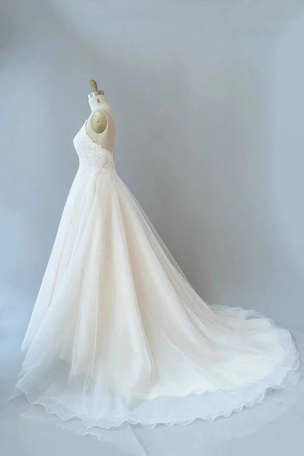 Long A-line Spaghetti Strap Lace Tulle Backless Wedding Dress by BIZTUNNEL