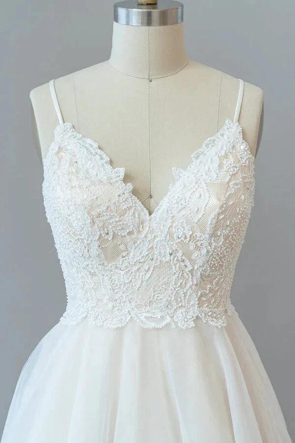 Long A-line Spaghetti Strap Lace Tulle Backless Wedding Dress by BIZTUNNEL