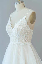 Long A-line Spaghetti Strap Lace Tulle Backless Wedding Dress by BIZTUNNEL
