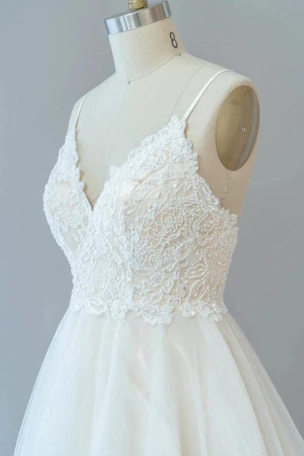 Long A-line Spaghetti Strap Lace Tulle Backless Wedding Dress by BIZTUNNEL