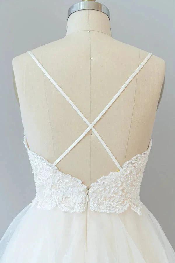 Long A-line Spaghetti Strap Lace Tulle Backless Wedding Dress by BIZTUNNEL