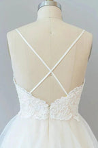 Long A-line Spaghetti Strap Lace Tulle Backless Wedding Dress by BIZTUNNEL