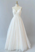 Long A-line Spaghetti Strap Lace Tulle Backless Wedding Dress by BIZTUNNEL