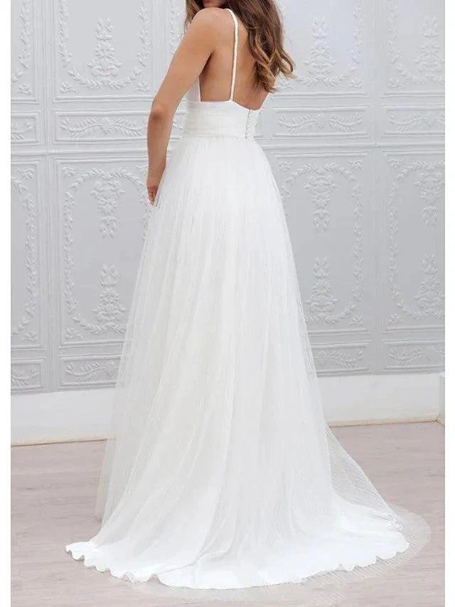 Long A-Line Spaghetti Strap Taffeta Tulle Chiffon Wedding Dresses by BIZTUNNEL