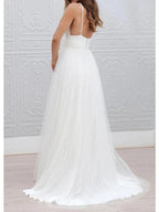 Long A-Line Spaghetti Strap Taffeta Tulle Chiffon Wedding Dresses by BIZTUNNEL