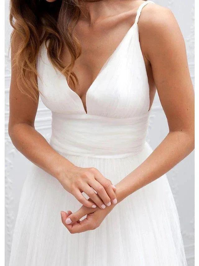 Long A-Line Spaghetti Strap Taffeta Tulle Chiffon Wedding Dresses by BIZTUNNEL