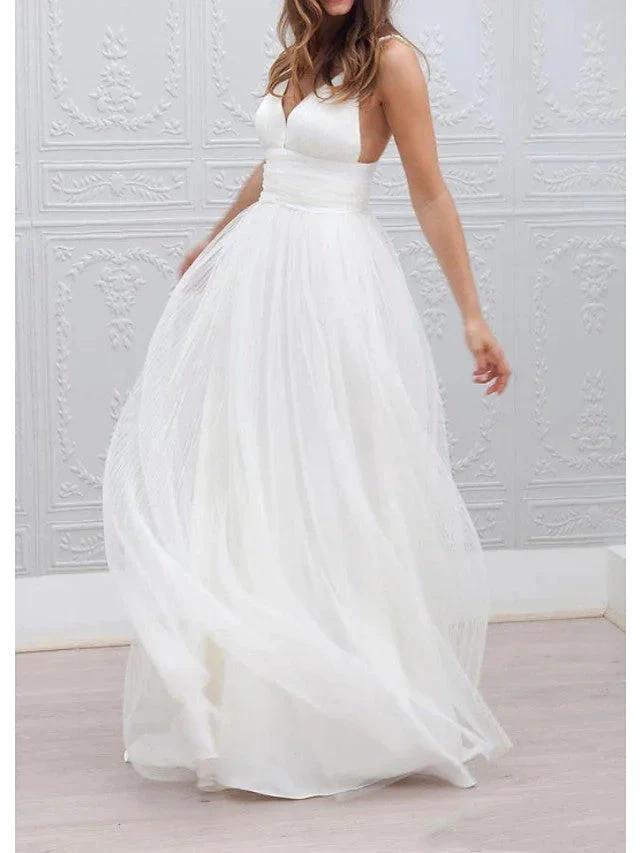 Long A-Line Spaghetti Strap Taffeta Tulle Chiffon Wedding Dresses by BIZTUNNEL