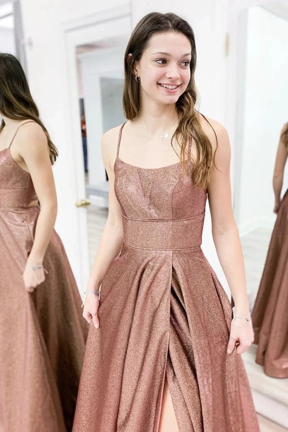 Long A-line Spaghetti Straps Backless Formal Graduation Prom Dresses with Slit by BIZTUNNEL
