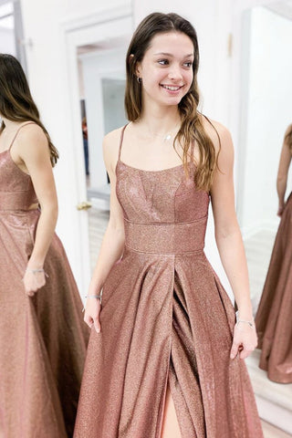 Vestidos de graduación formales largos de corte A con tirantes finos y espalda descubierta con abertura